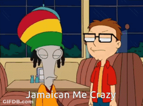 A Cartoon Of A Man Wearing A Rasta Hat With The Caption Jamaican Me Crazy GIF