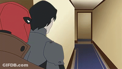 A Cartoon Of A Man Wearing A Red Cape Standing In A Hallway . GIF