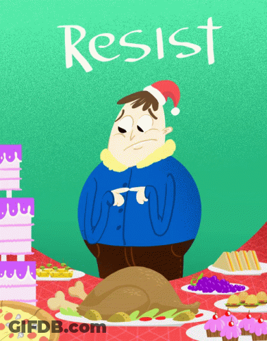A Cartoon Of A Man Wearing A Santa Hat Sitting At A Table Full Of Food With The Word Resist Written On The Bottom GIF