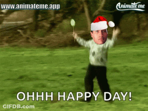 A Cartoon Of A Man Wearing A Santa Hat With The Words Ohhh Happy Day GIF