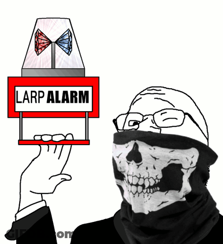 A Cartoon Of A Man Wearing A Skull Mask Holding Up A Larp Alarm Sign GIF
