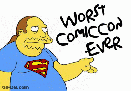A Cartoon Of A Man Wearing A Superman Shirt Says Worst Comic Con Ever GIF