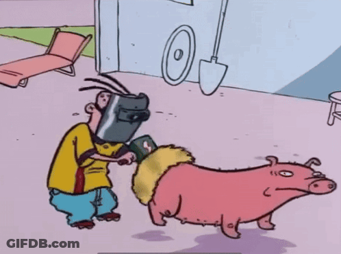 A Cartoon Of A Man Wearing A Welding Mask Standing Next To A Pink Pig GIF