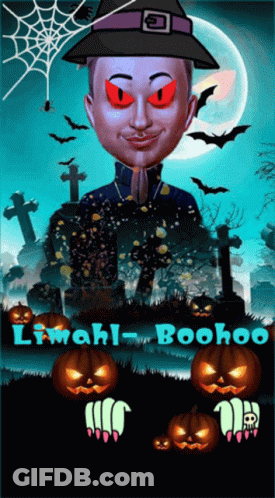 A Cartoon Of A Man Wearing A Witch Hat And Surrounded By Pumpkins With The Name Liwahl-Boohoo On The Bottom GIF