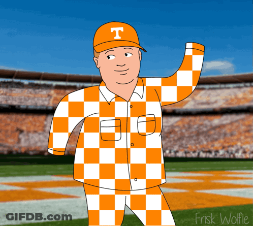 A Cartoon Of A Man Wearing An Orange And White Checkered Shirt And A Hat With The Letter T On It GIF