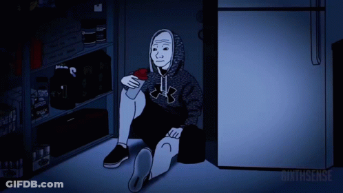 A Cartoon Of A Man Wearing An Under Armour Hoodie Sitting On The Floor GIF