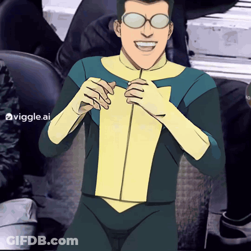 A Cartoon Of A Man Wearing Glasses And A Superhero Costume With A Viggle.ai Watermark In The Corner GIF