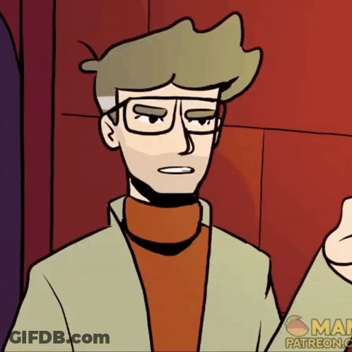 A Cartoon Of A Man Wearing Glasses And A Turtleneck Has The Word Patreon On The Bottom GIF