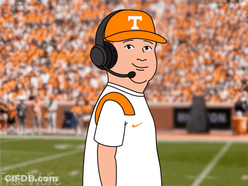 A Cartoon Of A Man Wearing Headphones And An Orange Hat With The Letter T On It GIF