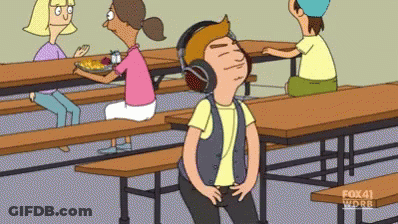 A Cartoon Of A Man Wearing Headphones In A Cafeteria GIF