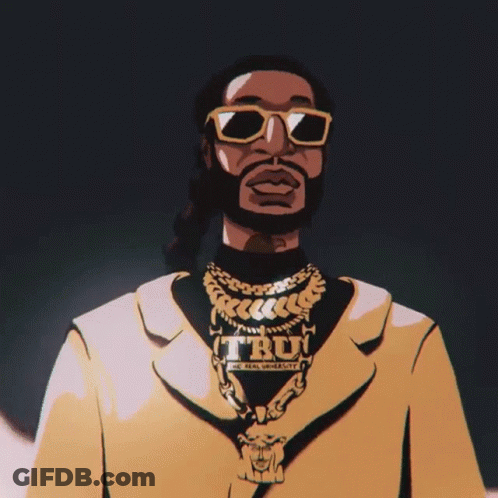 A Cartoon Of A Man Wearing Sunglasses And A Necklace That Says Tru On It GIF