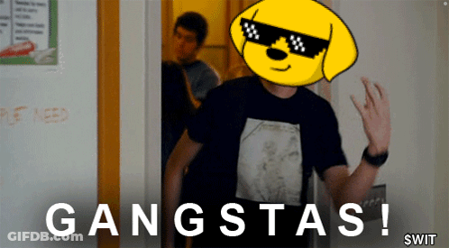A Cartoon Of A Man Wearing Sunglasses And A Shirt That Says Gangsta 'S On It GIF