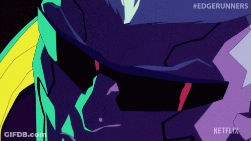 A Cartoon Of A Man Wearing Sunglasses With The Hashtag #Edgerunners On The Bottom GIF