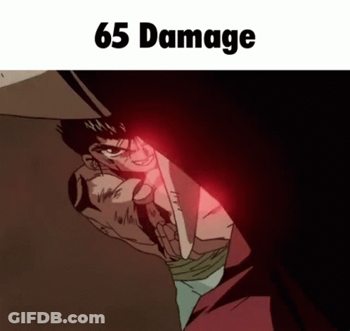 A Cartoon Of A Man With 65 Damage On The Bottom GIF