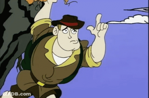 A Cartoon Of A Man With A Backpack Pointing Up GIF