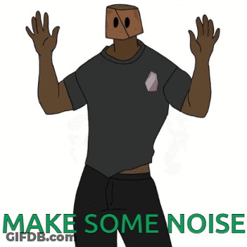 A Cartoon Of A Man With A Bag On His Head And The Words Make Some Noise GIF