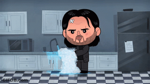 A Cartoon Of A Man With A Bandage On His Forehead Washing Dishes In A Kitchen GIF