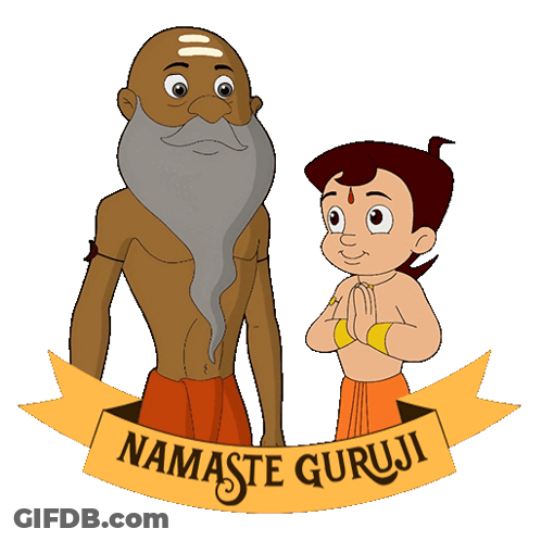 A Cartoon Of A Man With A Beard And A Boy With A Namaste Guruji Banner GIF