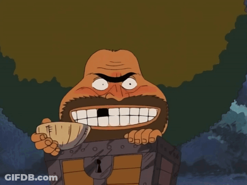 A Cartoon Of A Man With A Beard And A Clown Holding A Treasure Chest GIF