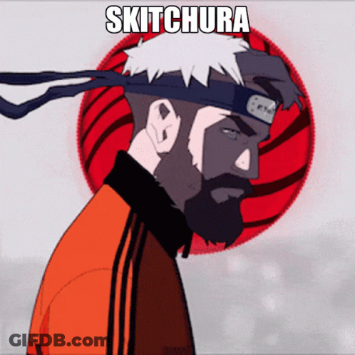 A Cartoon Of A Man With A Beard And A Headband That Says Skitchura GIF