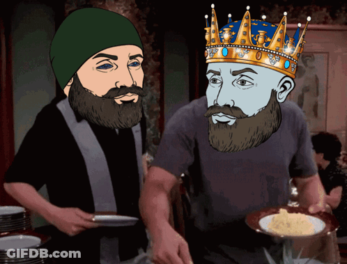 A Cartoon Of A Man With A Beard And A King With A Crown On His Head GIF