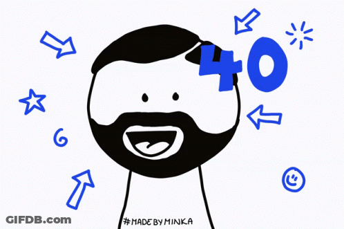 A Cartoon Of A Man With A Beard And A Red Number 40 On His Head GIF