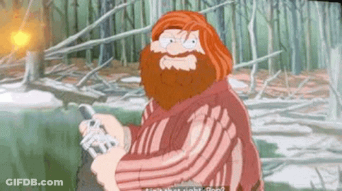 A Cartoon Of A Man With A Beard And Red Hair Holding A Gun In A Forest . GIF