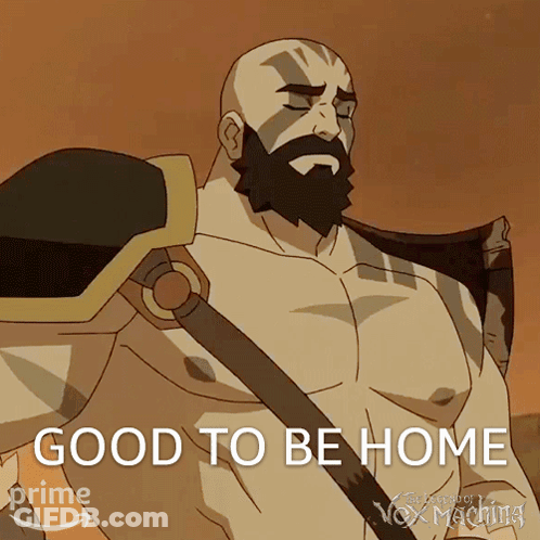A Cartoon Of A Man With A Beard And The Words " Good To Be Home " GIF