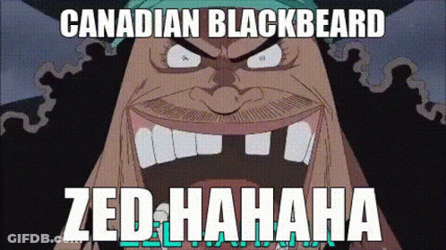 A Cartoon Of A Man With A Beard Is Laughing With The Words `` Canadian Blackbeard Zed Hahaha '' . GIF