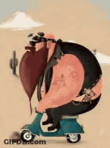 Cartoon Man With Beard Riding Scooter In Desert GIF