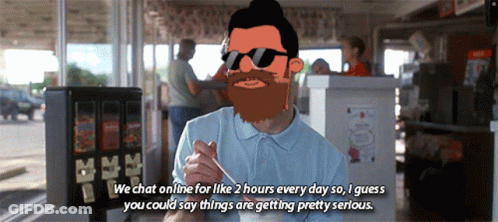 A Cartoon Of A Man With A Beard Says We Chat Online For Like 2 Hours Every Day So GIF