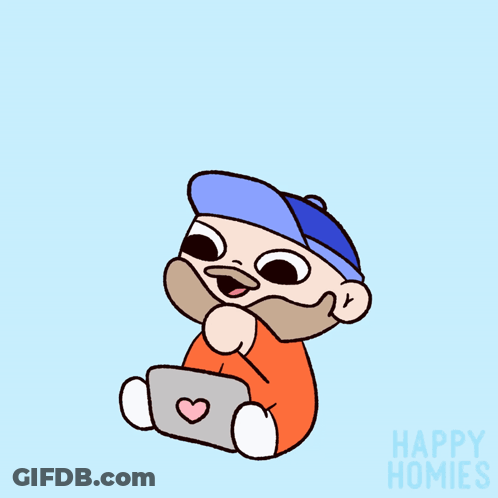 A Cartoon Of A Man With A Beard Sitting On A Laptop With The Words " Good Morning " Above Him GIF