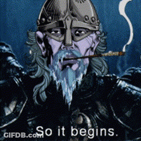 A Cartoon Of A Man With A Beard Smoking A Cigarette And The Words So It Begins GIF