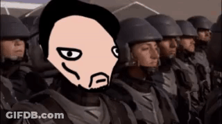 A Cartoon Of A Man With A Beard Standing In Front Of A Group Of Soldiers . GIF