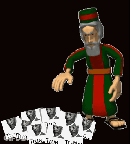A Cartoon Of A Man With A Beard Standing Next To A Stack Of Cards That Say " True " GIF