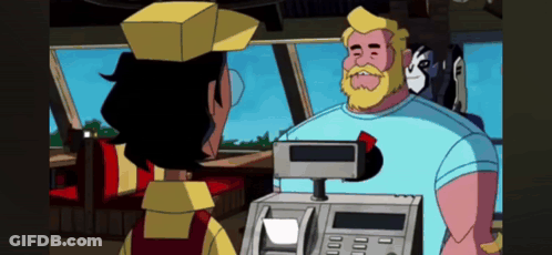 A Cartoon Of A Man With A Beard Talking To Another Man GIF