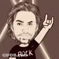 A Cartoon Of A Man With A Beard Wearing A Rock Shirt Making A Horns Sign . GIF