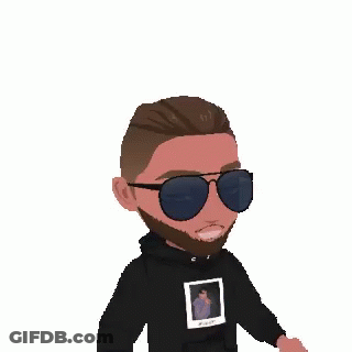 A Cartoon Of A Man With A Beard Wearing Sunglasses And A Black Hoodie With A Picture On It . GIF