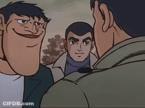 A Cartoon Of A Man With A Big Head Talking To Another Man GIF