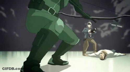 A Cartoon Of A Man With A Bow And Arrow Standing Next To A Man With A Camera GIF