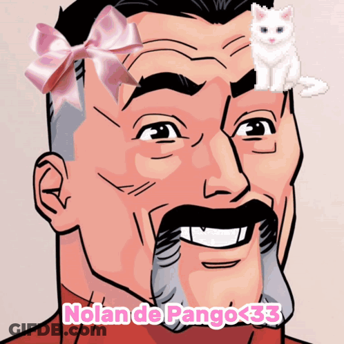 A Cartoon Of A Man With A Bow On His Head And The Name Nolan De Pango < 33 On The Bottom GIF