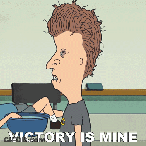 A Cartoon Of A Man With A Bowl Of Water And The Words Victory Is Mine Below Him GIF