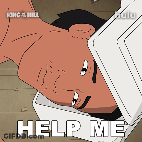 A Cartoon Of A Man With A Box On His Head And The Words Help Me GIF
