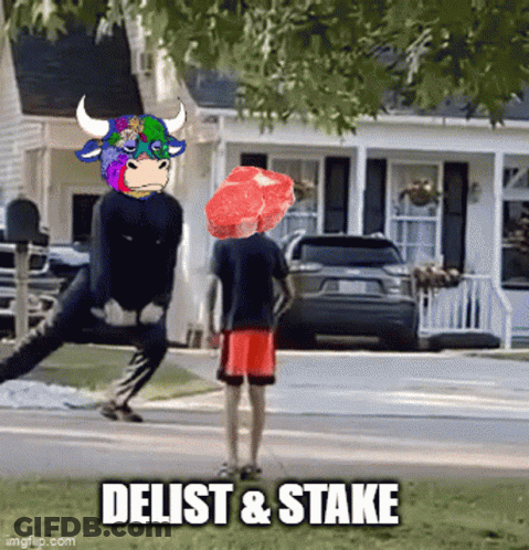 Cartoon Man With Bull Head And Words Delist Stake GIF
