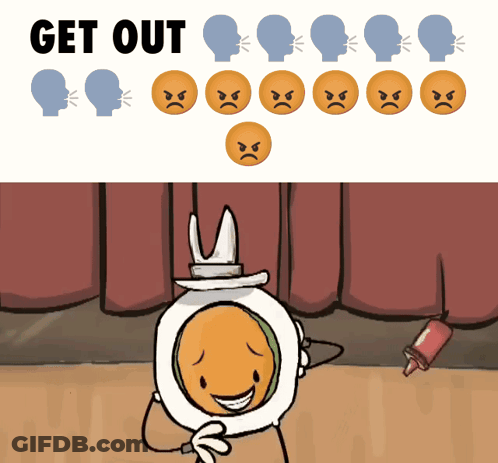 A Cartoon Of A Man With A Bunny Hat And The Words Get Out Above Him GIF