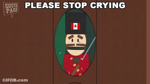 A Cartoon Of A Man With A Canadian Flag On His Hat And The Words Please Stop Crying GIF