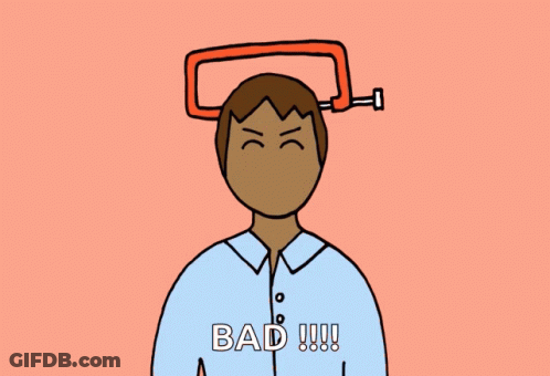 A Cartoon Of A Man With A Clamp On His Head And The Word Bad Below Him GIF