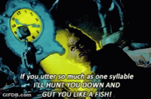 A Cartoon Of A Man With A Clock And The Words If You Utter So Much As One Syllable I 'Ll Hunt You Down GIF