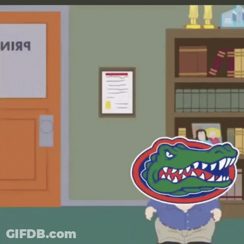 A Cartoon Of A Man With A Crocodile Head Standing In Front Of A Sign That Says " Library " GIF