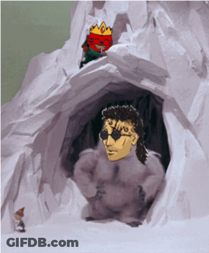 A Cartoon Of A Man With A Crown On His Head Standing In A Cave GIF